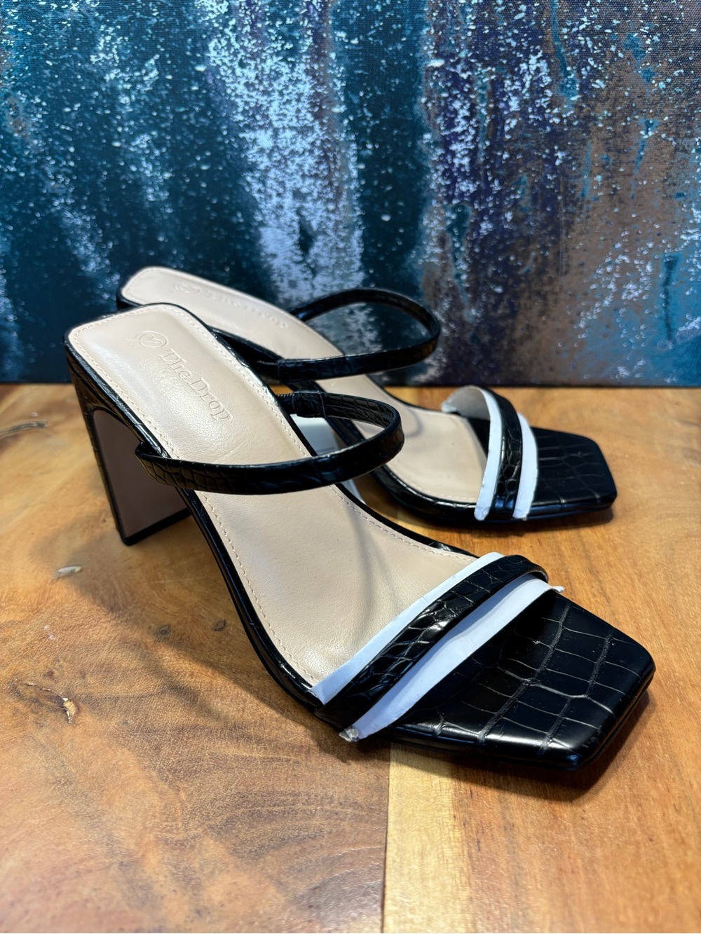 The Drop Old Money Black Croc Square Toe Block Heel Sandals NWT Women’s Size 6.5